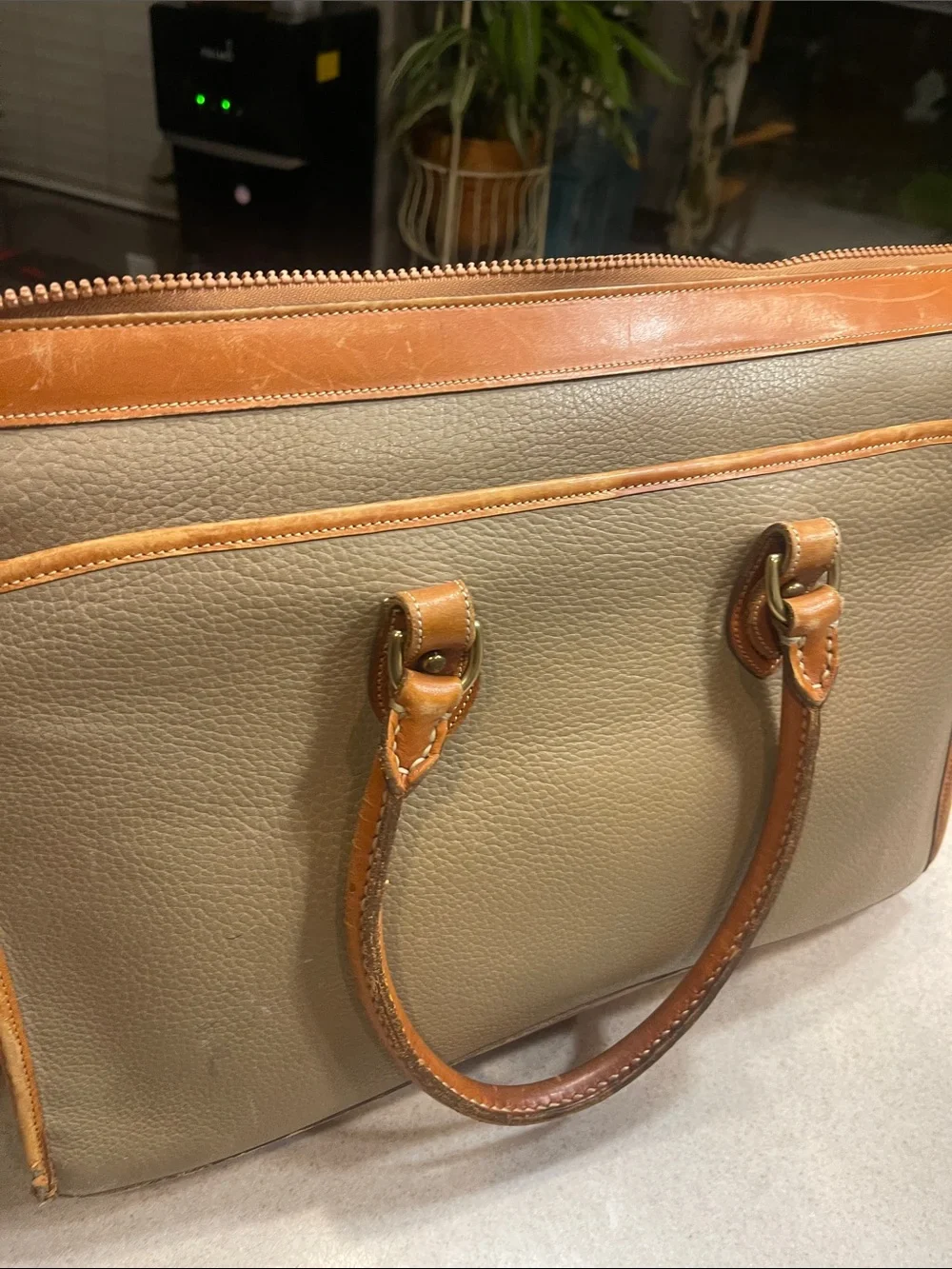 Dooney & Bourke Tan Canvas Briefcase with Chestnut Leather Trim